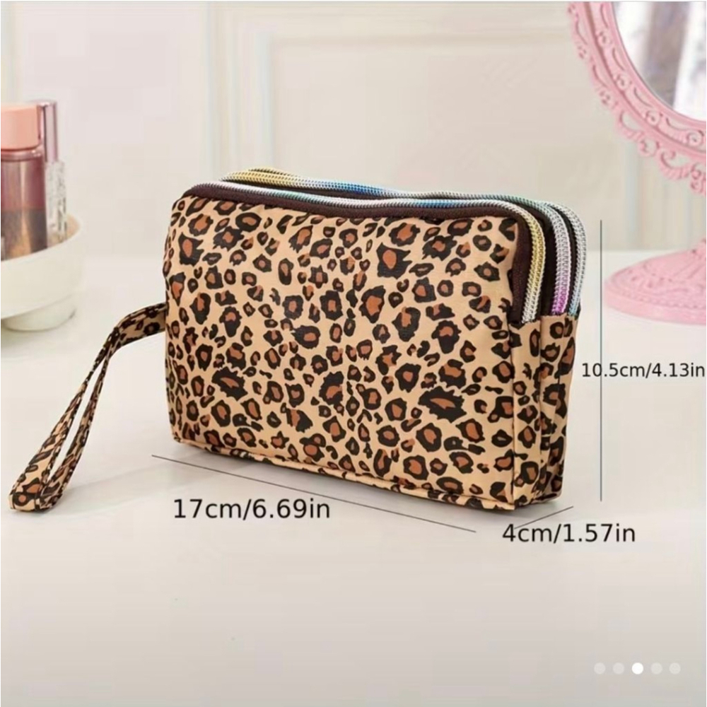 Women's Leopard Print Cosmetic Bag One Size Beige Brown - Picture 3 of 4